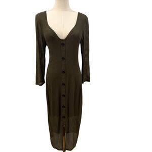 Express V Neck Olive Green Ribbed Midi Dress 3/4 Sheer Sleeves Large Fall Chic
